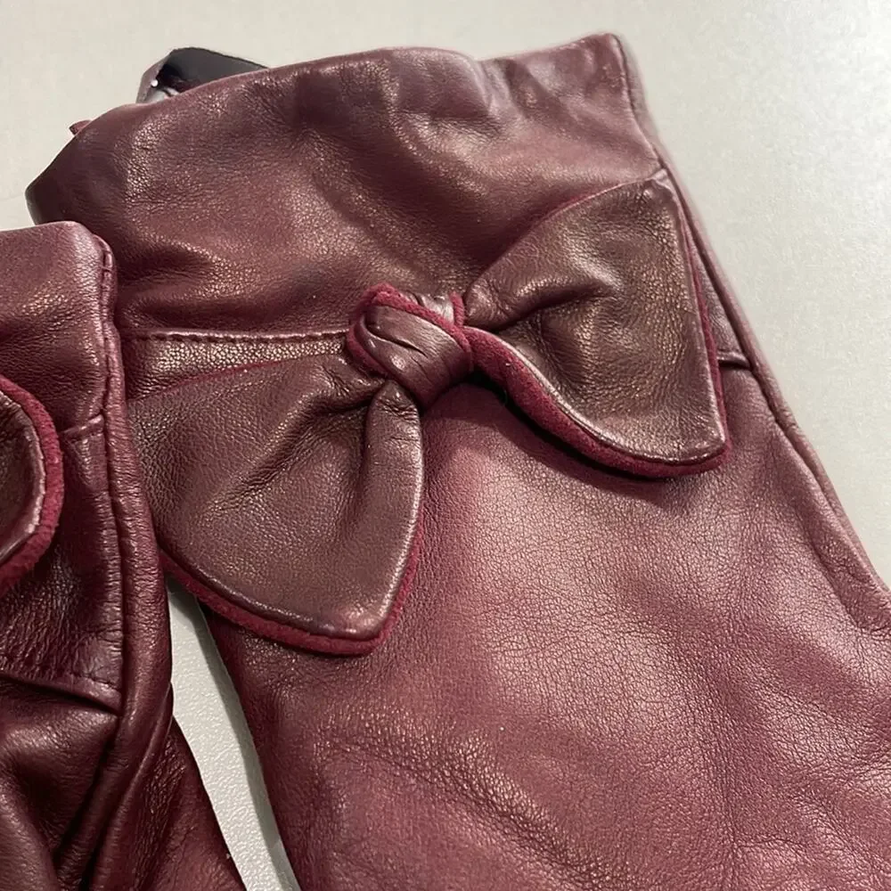 Bruno‎ Magli Cashmere Lined Leather Bow Gloves Burgundy XL Retails: $195